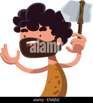 Steinzeit-Mann hält altertümliches Werkzeug Vektor-Illustration-Cartoon-Figur Stock Vektor