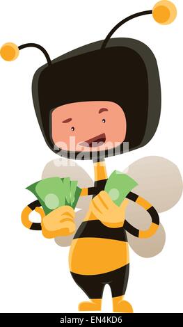 Mann in Honig Biene Kostüm halten Geld-Vektor-Illustration-Cartoon-Figur Stock Vektor