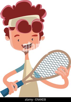 Junge mit dem Tennisspielen mit Schläger Vektor-Illustration-Cartoon-Figur Stock Vektor