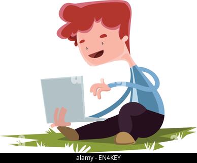 Kleiner Junge mit Laptop auf Rasen Vektor-Illustration-Cartoon-Figur Stock Vektor