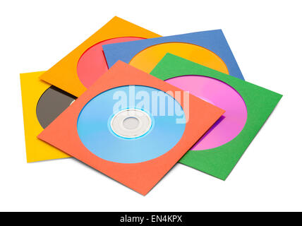 Fünf CDs bei Stapel isoliert auf einem weißen Hintergrund. Stockfoto