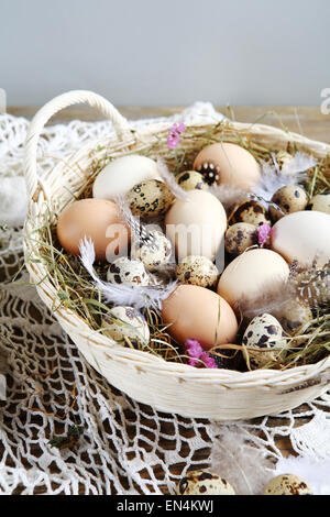 Ostereier im Korb, Ostern auf dem Bauernhof Stockfoto