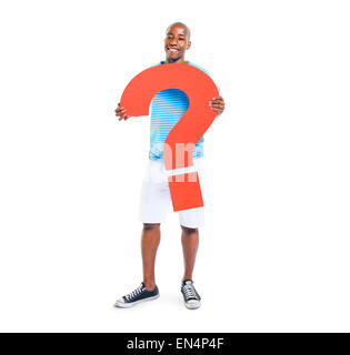 Mann hält Frage Zeichen Symbol Stockfoto