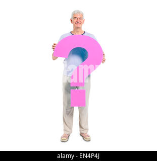 Älterer Erwachsener mit Fragezeichen Stockfoto