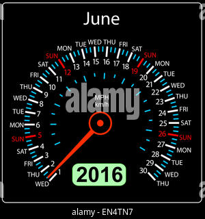 2016 Jahr Kalender Tacho Auto. Juni. Vektor-Illustration. Stockfoto