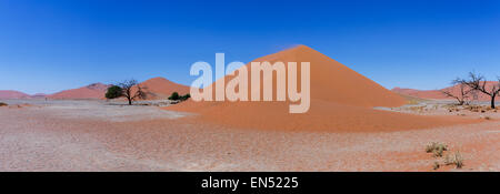 breites Panorama der Düne 45 im Sossusvlei Namibia, Aussicht von der Spitze einer Düne, beste Ort in namibia Stockfoto