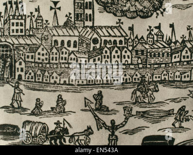 Große Pest von London. 1665-1666. zeitgenössische Gravur. Menschen auf der Flucht der Stadt, Leiche wird weggenommen und Frauen beten. Great Britain. Stockfoto