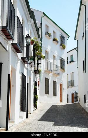 Stadthäuser entlang einer schmalen Straße im Stadtteil Barrio la Villa Priego de Cordoba, Provinz Córdoba, Andalusien, Spanien, Europa. Stockfoto