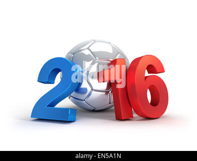 Frankreich 2016, Jahr, illustriert mit einem silbernen Fußball, isoliert auf weiss Stockfoto
