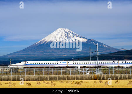 Ein Shinkansen-Hochgeschwindigkeitszug vergeht unter Mt. Fuji in Japan. Stockfoto