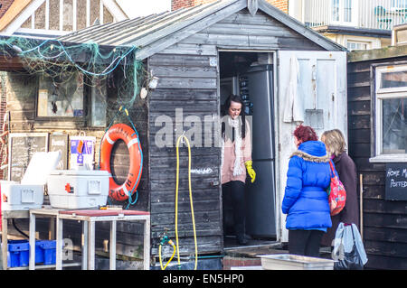 Ein frischer Fischverkäufer verkauft ihre Produkte aus einer kleinen Küstenstadt Hütte im Vereinigten Königreich. Stockfoto