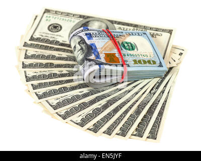 Haufen von hundert-Dollar-Scheine isoliert auf weißem Hintergrund Stockfoto