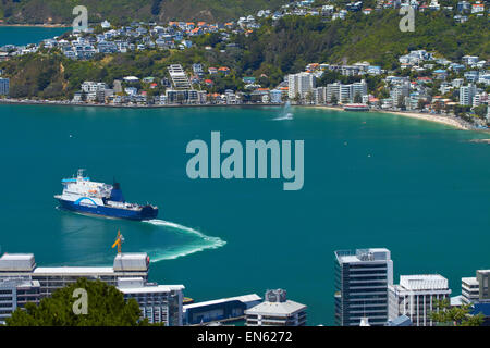 CBD, Bluebridge Fähre in Wellington Harbour und Oriental Bay, Wellington, Nordinsel, Neuseeland Stockfoto