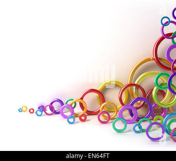 Glänzende bunte Kreise unter weißen Wand. 3D Bild Stockfoto