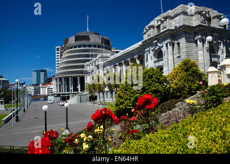 Der Bienenstock und Parliament House, Wellington, Nordinsel, Neuseeland Stockfoto