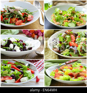 Collage-Menü Salate mit Gemüse, Käse, Spargel, Schinken und roter Fisch Stockfoto