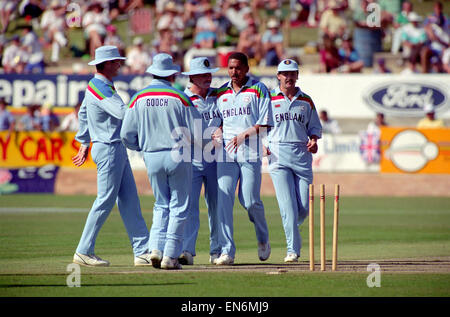 Kricket-Weltschale 1992 - Australien: England v. Simbabwe in Albury. Simbabwe gewinnt mit 9 Runs. Simbabwe 134 (46.1 Over); England 125 (49.1 über). Phil DeFreitas feiert mit Teamkollegen nach der Einnahme einer Pforte. März 1992 Stockfoto