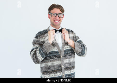 Glücklich geeky Hipster mit Wolljacke Stockfoto