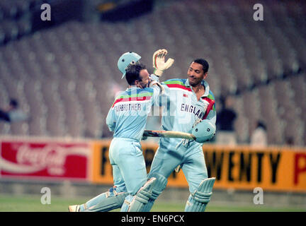 Kricket-Weltschale 1992 - Australien: England gegen Südafrika in Melbourne. England gewinnt mit 3 Wickets. Südafrika 236-4 (50 Over); England 226-7 (40,5 über). Neil Fairbrother und Philip DeFreitas feiern. März 1992 Stockfoto