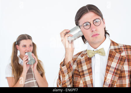 Geeky Hipster mit Schnur-Telefon Stockfoto