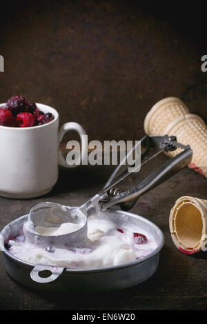 Aluminium-Platte mit Vanilleeis, Mischung aus gefrorenen Beeren und Zapfen Waffer, serviert mit Metalllöffel über Metall-Tisch. Sehen se Stockfoto