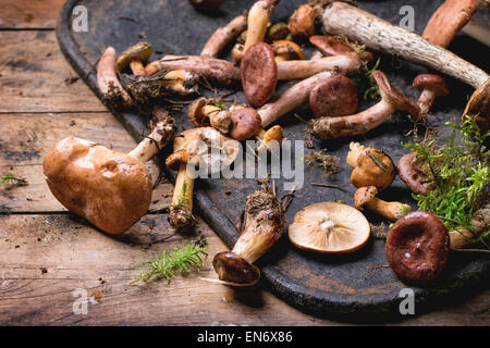 Mischung aus Wald Pilze auf schwarze Schneidebrett über alten Holztisch. Serien ansehen Stockfoto