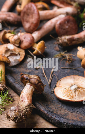 Mischung aus Wald Pilze auf schwarze Schneidebrett über alten Holztisch. Serien ansehen Stockfoto