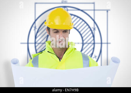 Zusammengesetztes Bild des Architekten analysieren Blaupause Stockfoto