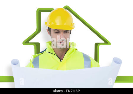 Zusammengesetztes Bild des Architekten analysieren Blaupause Stockfoto