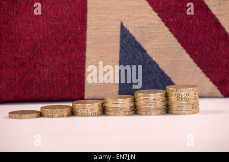 UK-Pfund-Münzen auf Union Jack-Hintergrund Stockfoto