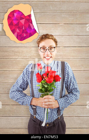 Zusammengesetztes Bild geeky Hipster hält einen Strauß Rosen Stockfoto