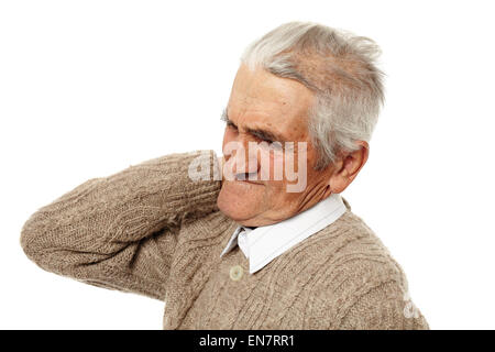 Älteren Mann mit einem starken Schmerz in seinem Nacken Stockfoto