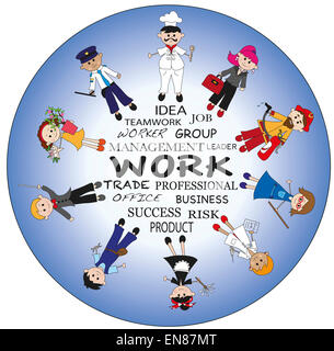 Illustration mit verschiedenen Arbeiter in blauem Hintergrund Stockfoto