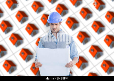 Zusammengesetztes Bild des Architekten Baupläne lesen Stockfoto