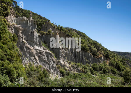 Das Landschaftsschutzgebiet Putangirua oder Zinnen, eine Fläche von erodierten Kies hohe Stapel von Kies, Neuseeland verlassen. Stockfoto