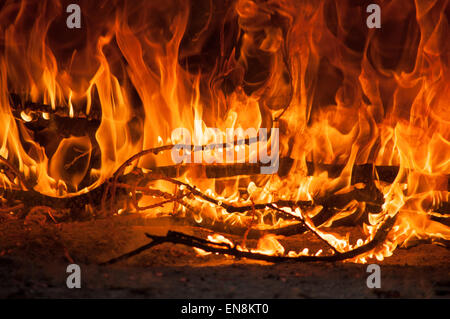 Flammen in ein wütendes Feuer innen ein Holz befeuert Ofen Stockfoto