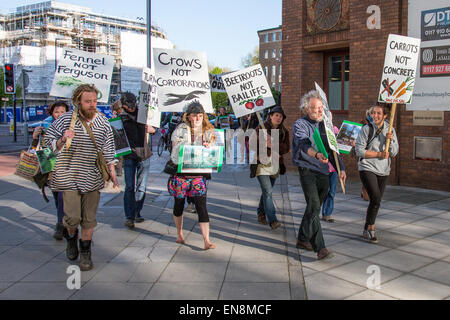 Bristol, UK. 29. April 2015. Demonstranten erkletterten Bäume oben ein Banner in Bristol Queens Square zur Sensibilisierung für die Zerstörung von Bauland in Stapleton für das neue Metrobus-Projekt zu setzen.  Sie marschierten später nach der Stadt Gemeindeverwaltung.  Früher im Jahr besetzt die Demonstranten Bäume auf der Metrobus-Website für mehrere Wochen vor einer Zwangsräumung. 29. April 2015. Bildnachweis: Redorbital Fotografie/Alamy Live-Nachrichten Stockfoto