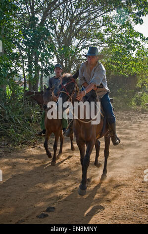 Vertikale Ansicht der Bauer und sein Sohn Reitpferde in Vinales. Stockfoto