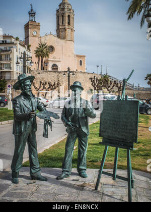 Santiago Rusinol und Ramon Casas Statuen, Sitges, Spanien Stockfoto