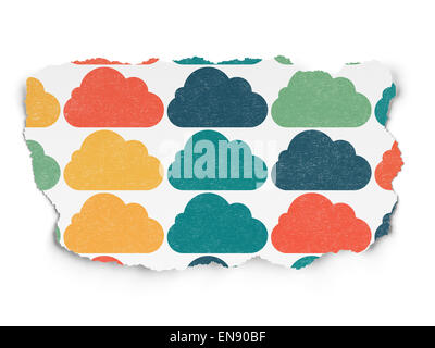 Cloud-computing-Konzept: Cloud-Symbole auf Papier zerrissen Hintergrund Stockfoto