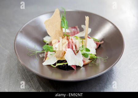 Haute Cuisine Rezept gemacht vom iberischen Schwein Produkte Stockfoto