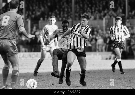 Englische League Division One Match bei Plough Lane. Wimbledon 0 V Newcastle United 0. Newcastles Paul Gascoigne für den Ball durch John Fashanu in Frage gestellt. 6. Februar 1988. Stockfoto