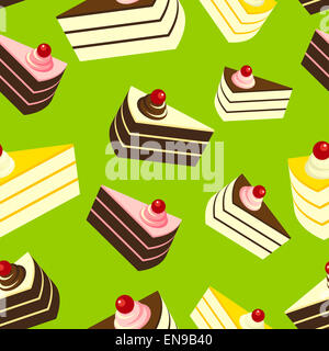 Leckeren Kuchen auf grünem Hintergrund, nahtlose Muster. Es kann verwendet werden, für die Verzierung von Textilien, Taschen, Titelseiten von Büchern und Blutgerinnsel Stockfoto
