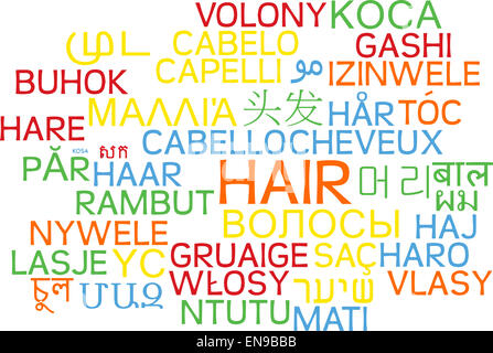 Hintergrund-Konzept Wordcloud mehrsprachige internationale Sprache Außenillustration Haar Stockfoto