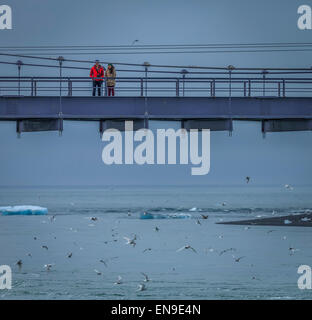 Brücke (Jokulsabru) über Blautbalakvisl, Breidamerkursandur vom Jökulsárlón, Island Stockfoto