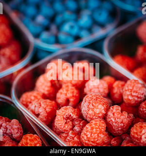 Sortiment von frischen Bio rote Beeren Himbeeren und Heidelbeeren im lokalen Markt In Körben, Container. Stockfoto