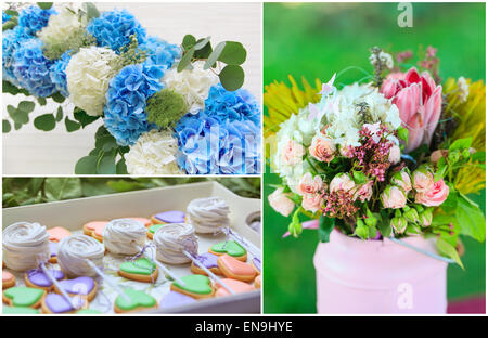 Hochzeit-Hintergrund festlegen - Blumen und Süßigkeiten Collage Stockfoto