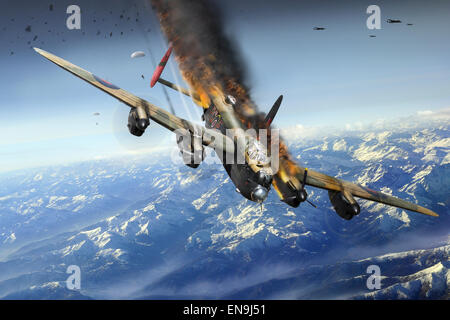 Der Abschuß in Flammen von Lancaster LM 756, PG-F von Nr. 619 Squadron RAF am 25. April 1945 über Berchtesgaden. Stockfoto