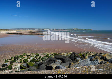 Breiten Strand und Buhnen in Dawlish Warren, mit Exmouth und die Exe-Mündung in die Ferne, Devon, England, UK Stockfoto