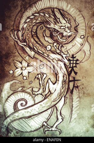 Tattoo-Kunst, Skizze eines japanischen Drachen Stockfoto